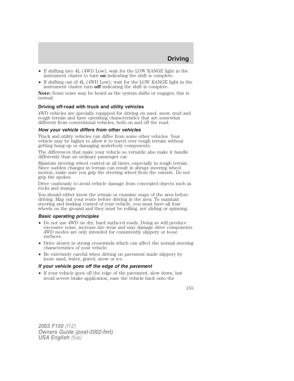 Driving | FORD 2003 F-150 v.5 User Manual | Page 155 / 280