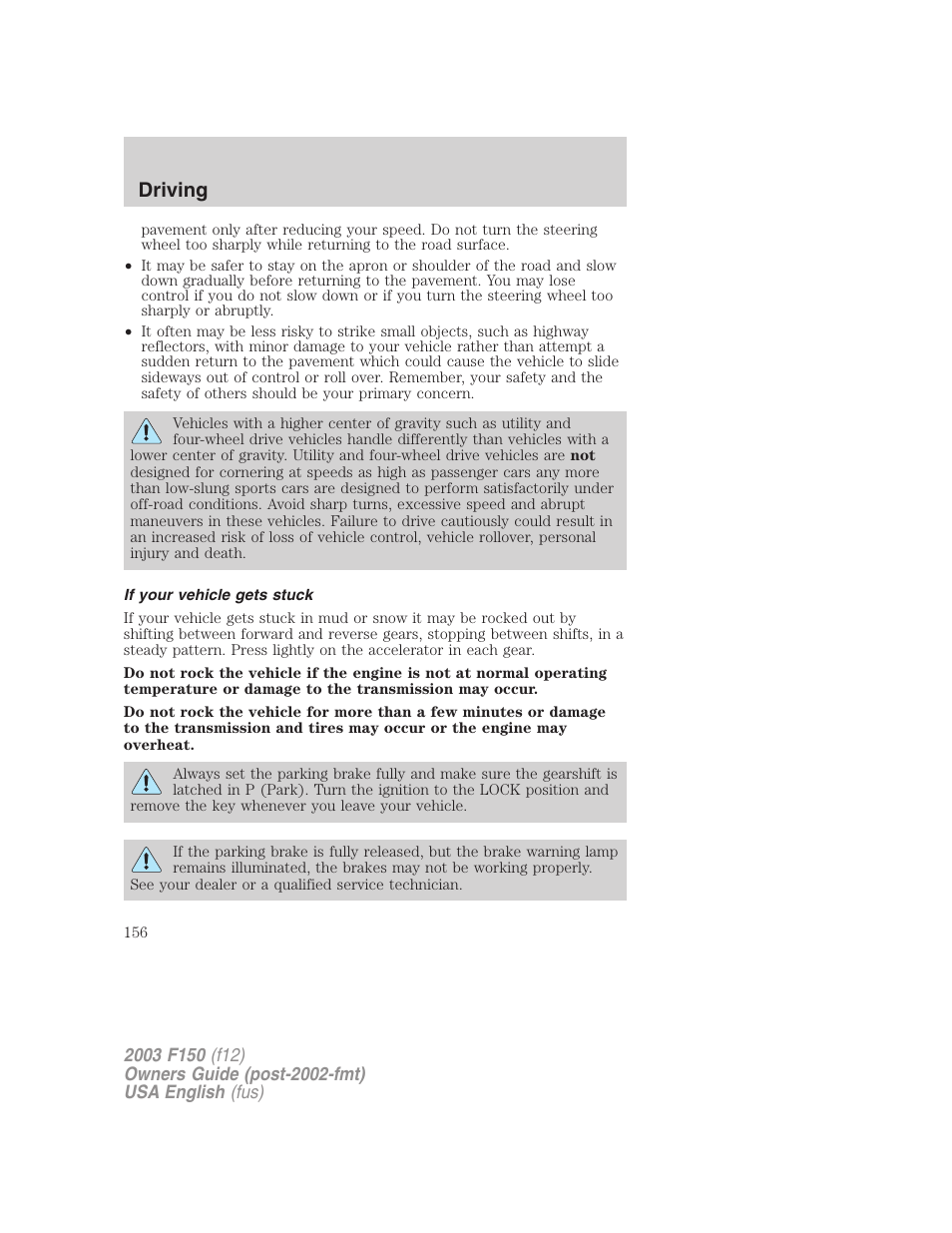Driving | FORD 2003 F-150 v.5 User Manual | Page 156 / 280
