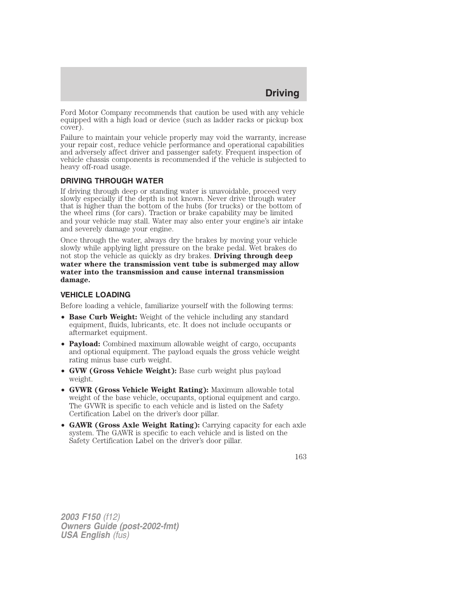 Driving | FORD 2003 F-150 v.5 User Manual | Page 163 / 280