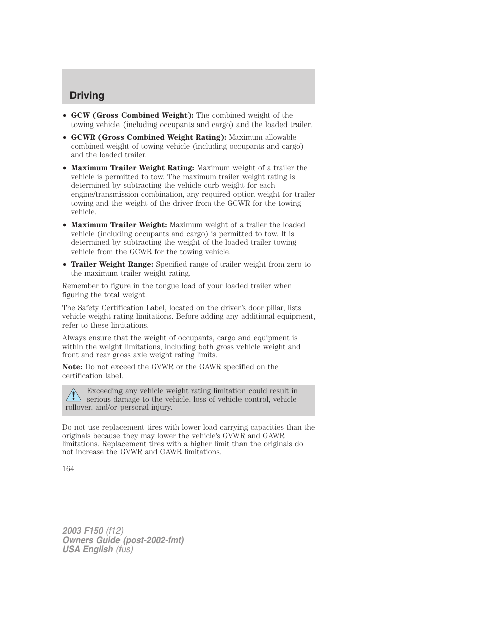 Driving | FORD 2003 F-150 v.5 User Manual | Page 164 / 280