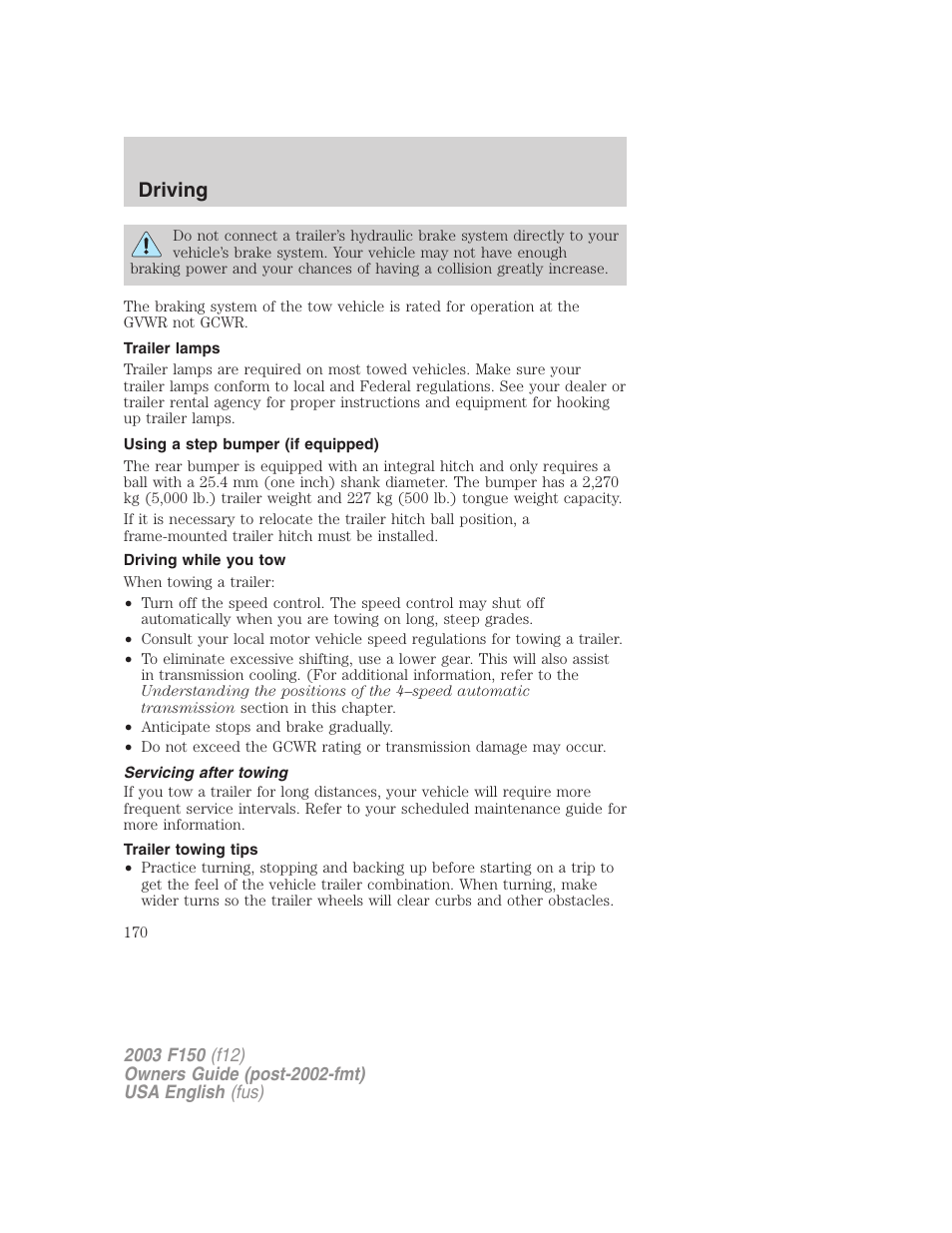 Driving | FORD 2003 F-150 v.5 User Manual | Page 170 / 280