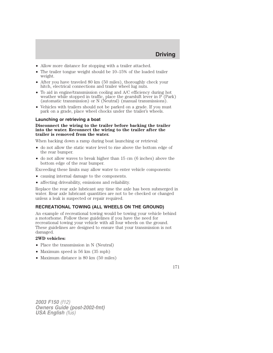 Driving | FORD 2003 F-150 v.5 User Manual | Page 171 / 280