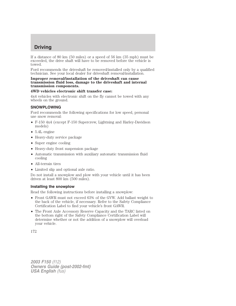 Driving | FORD 2003 F-150 v.5 User Manual | Page 172 / 280