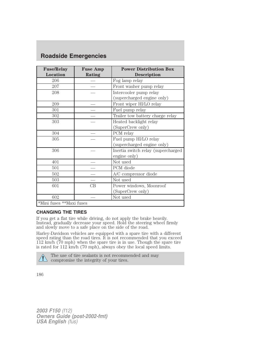 Roadside emergencies | FORD 2003 F-150 v.5 User Manual | Page 186 / 280