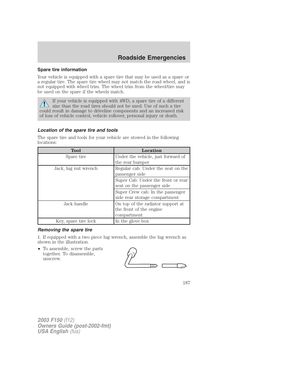 Roadside emergencies | FORD 2003 F-150 v.5 User Manual | Page 187 / 280