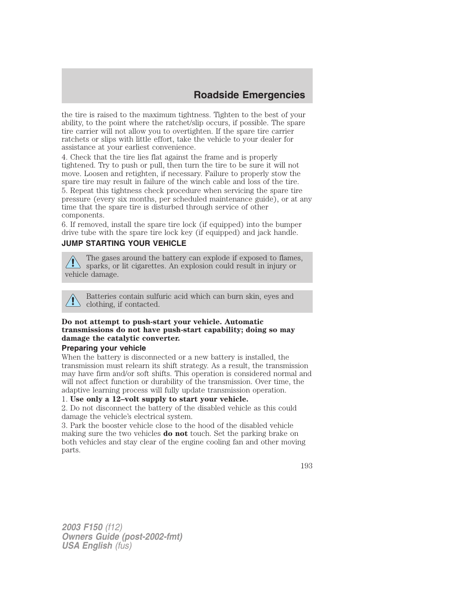 Roadside emergencies | FORD 2003 F-150 v.5 User Manual | Page 193 / 280