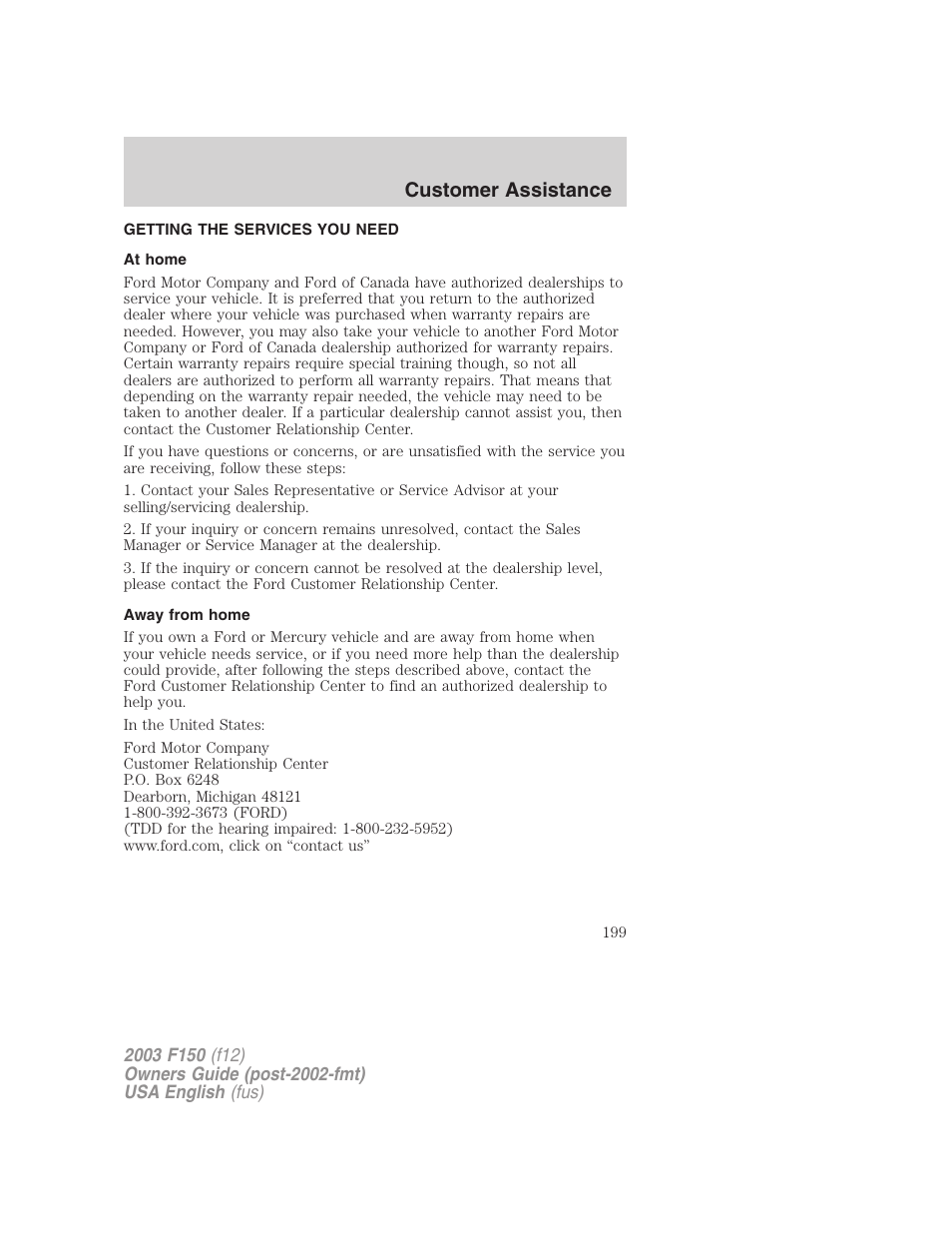 Customer assistance | FORD 2003 F-150 v.5 User Manual | Page 199 / 280