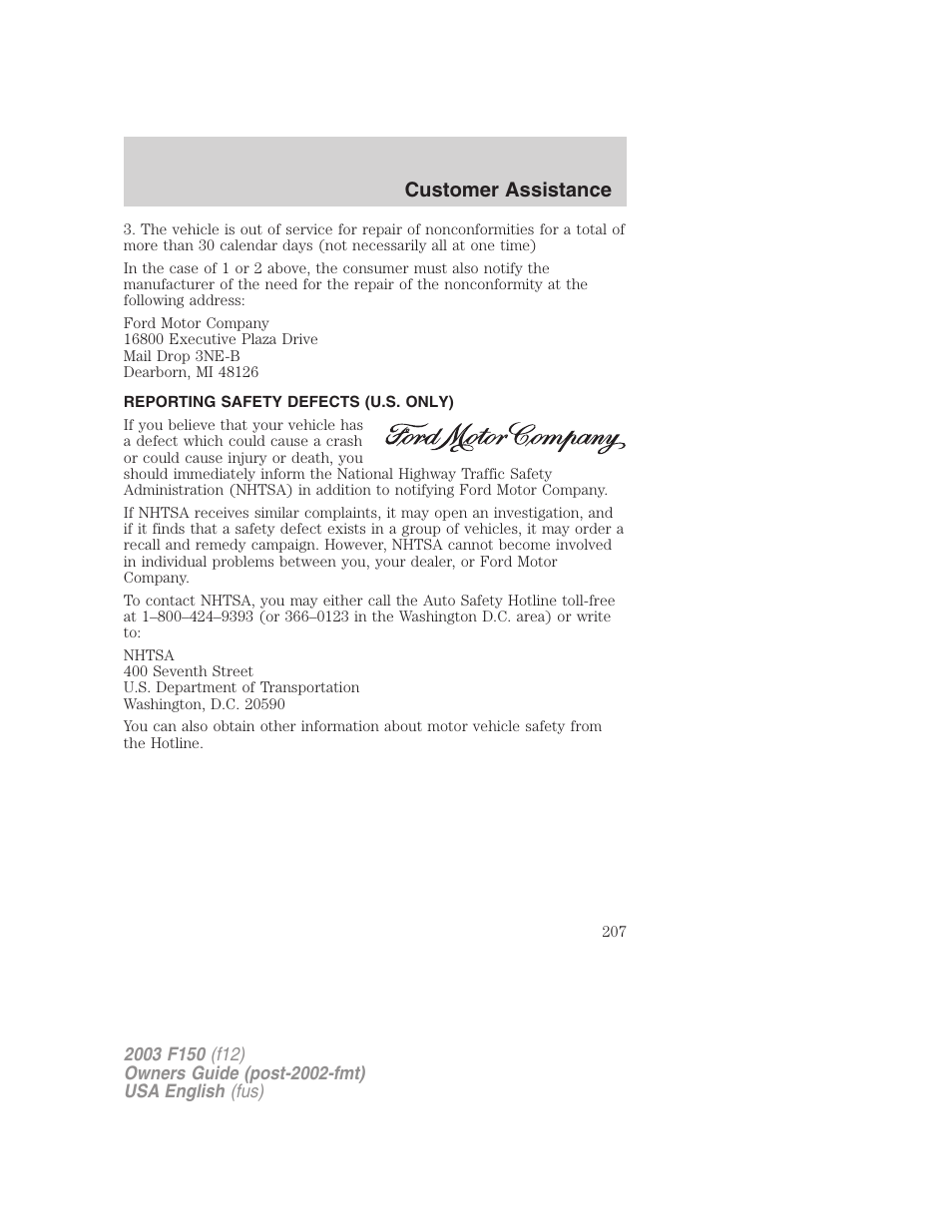 Customer assistance | FORD 2003 F-150 v.5 User Manual | Page 207 / 280