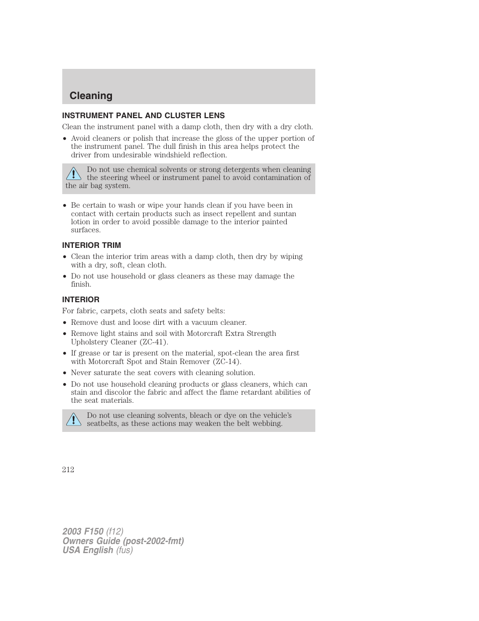 Cleaning | FORD 2003 F-150 v.5 User Manual | Page 212 / 280