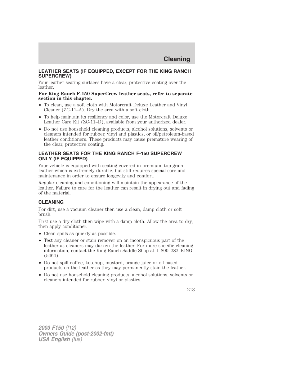 Cleaning | FORD 2003 F-150 v.5 User Manual | Page 213 / 280