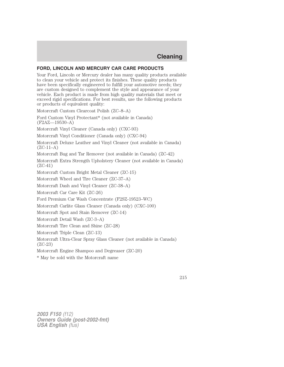 Cleaning | FORD 2003 F-150 v.5 User Manual | Page 215 / 280