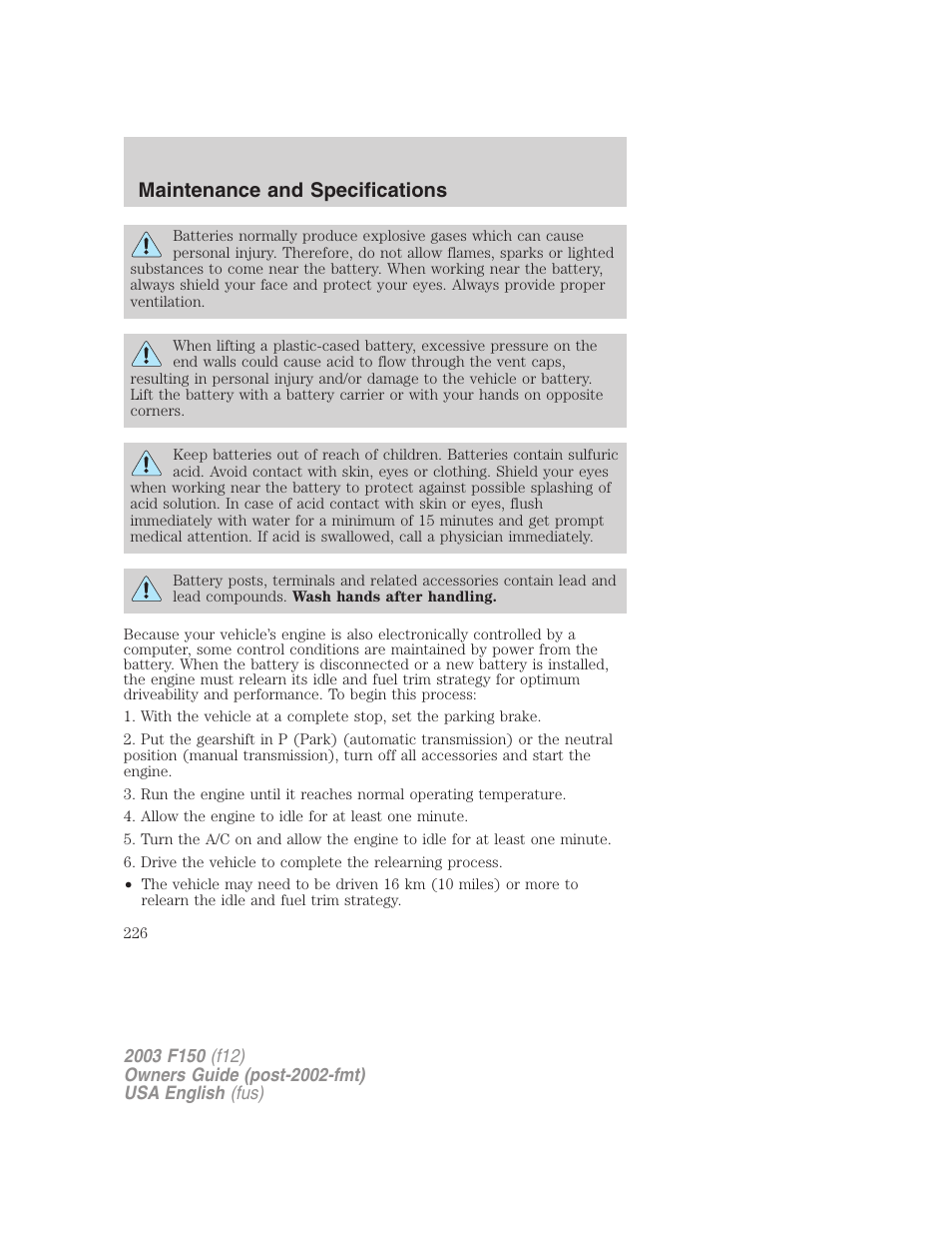 Maintenance and specifications | FORD 2003 F-150 v.5 User Manual | Page 226 / 280