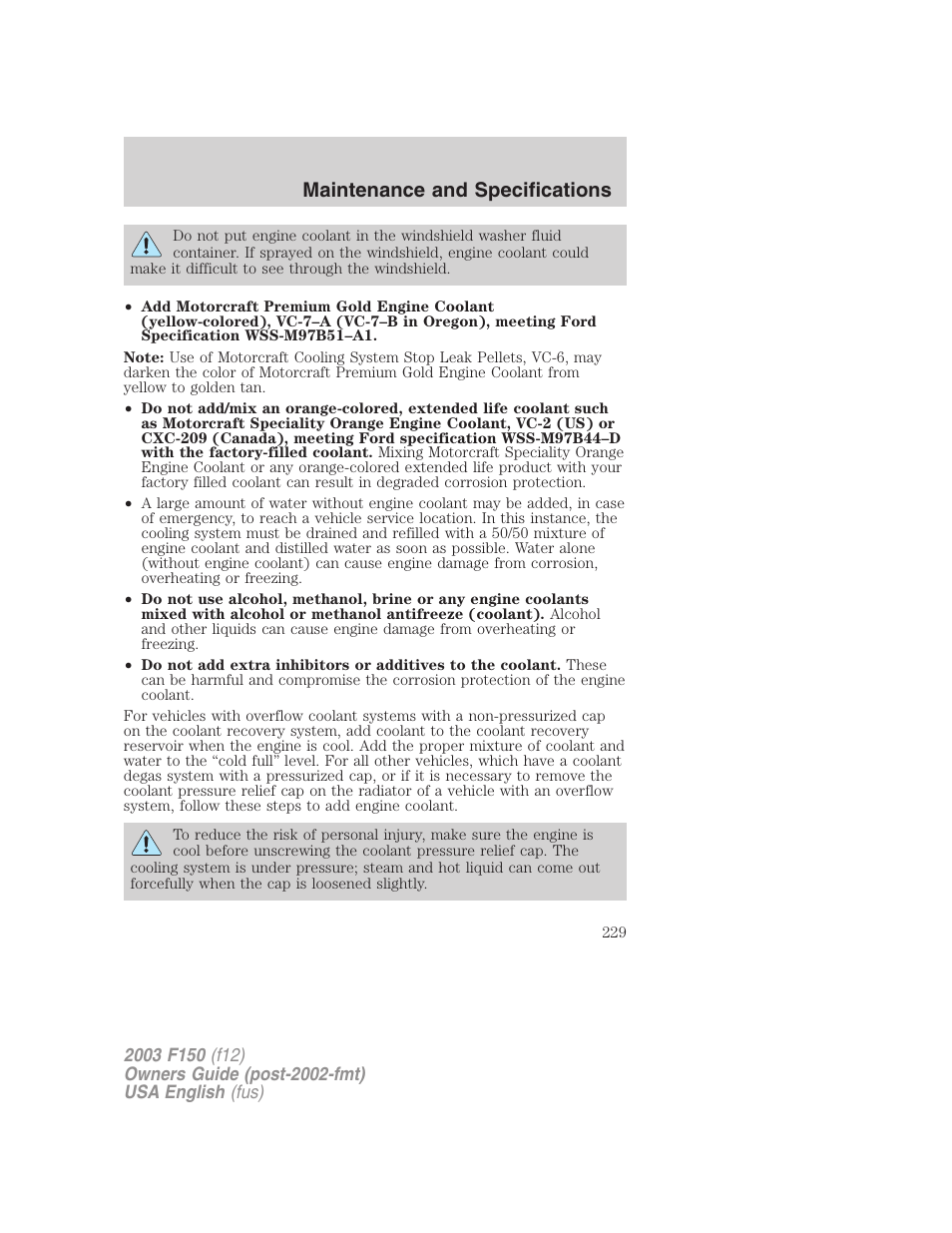 Maintenance and specifications | FORD 2003 F-150 v.5 User Manual | Page 229 / 280