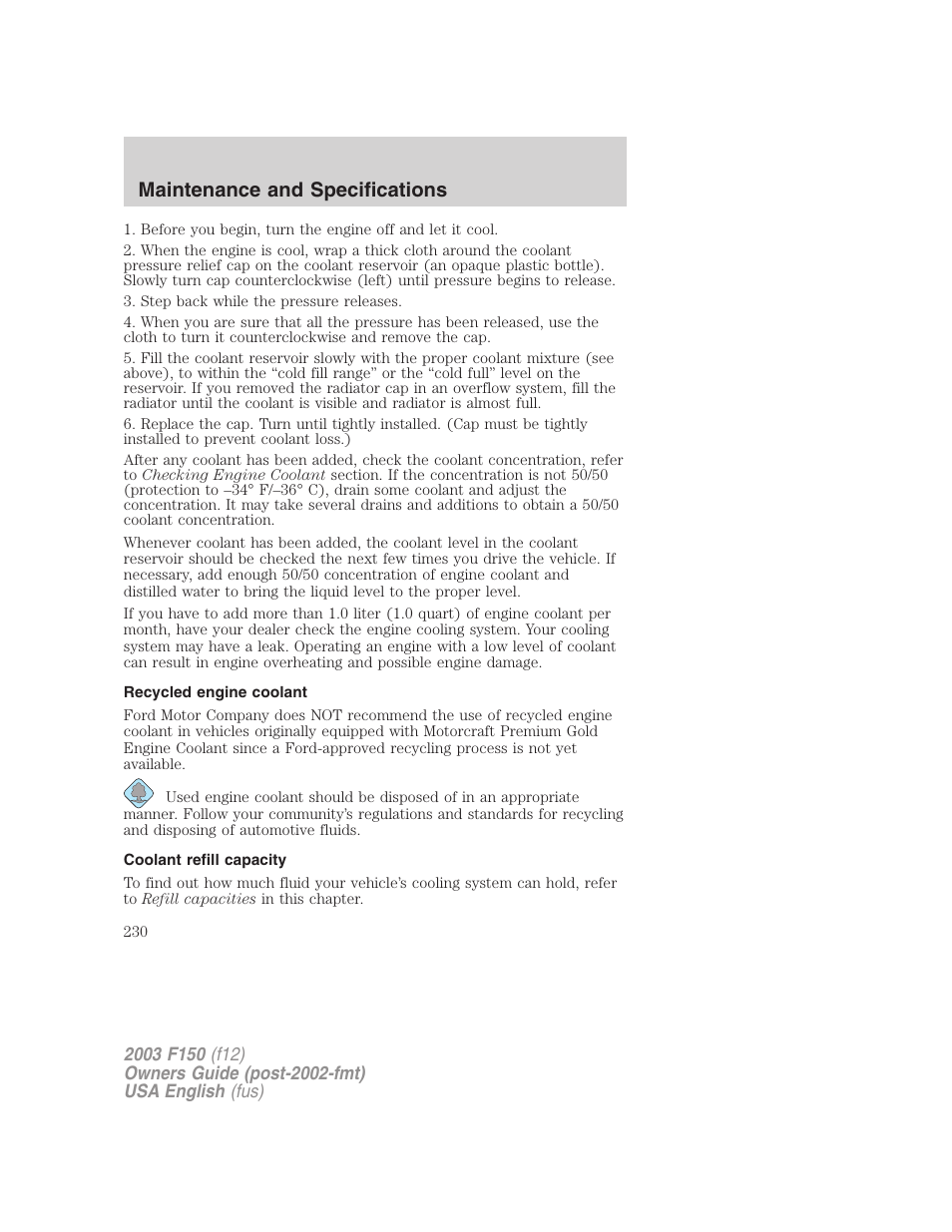 Maintenance and specifications | FORD 2003 F-150 v.5 User Manual | Page 230 / 280