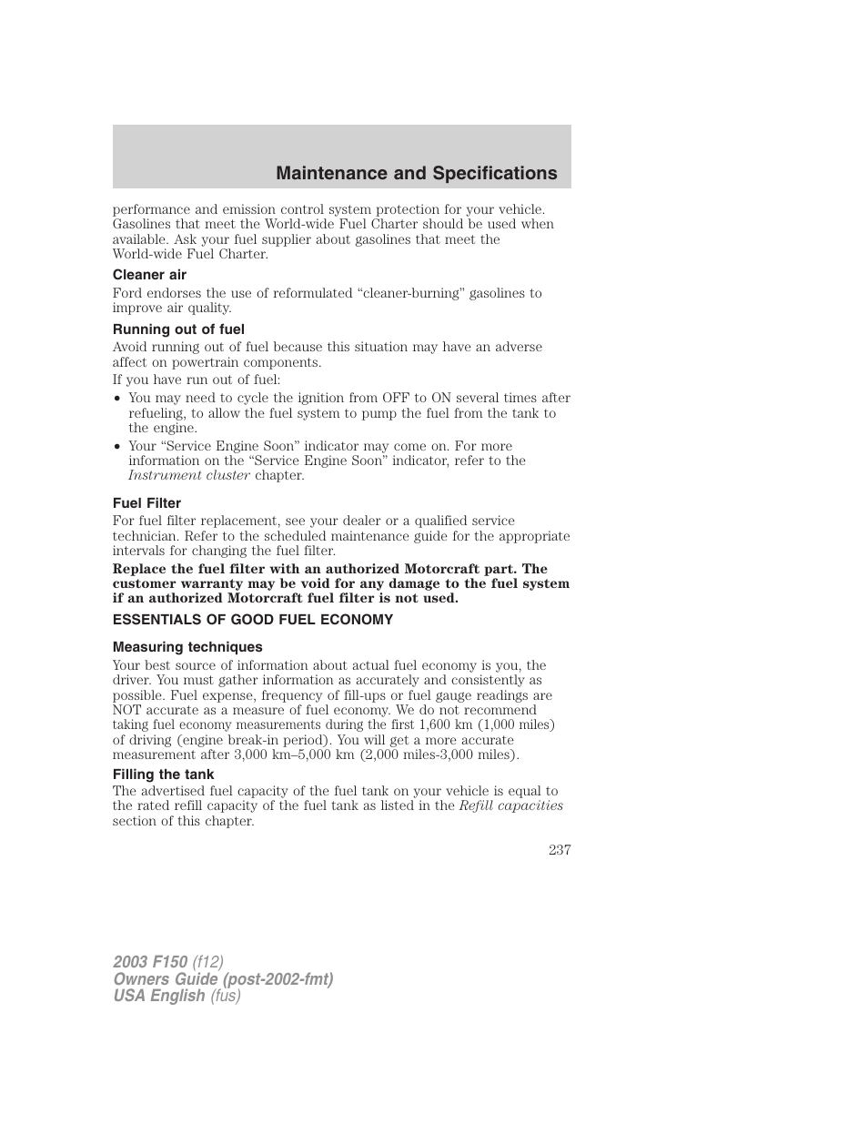 Maintenance and specifications | FORD 2003 F-150 v.5 User Manual | Page 237 / 280
