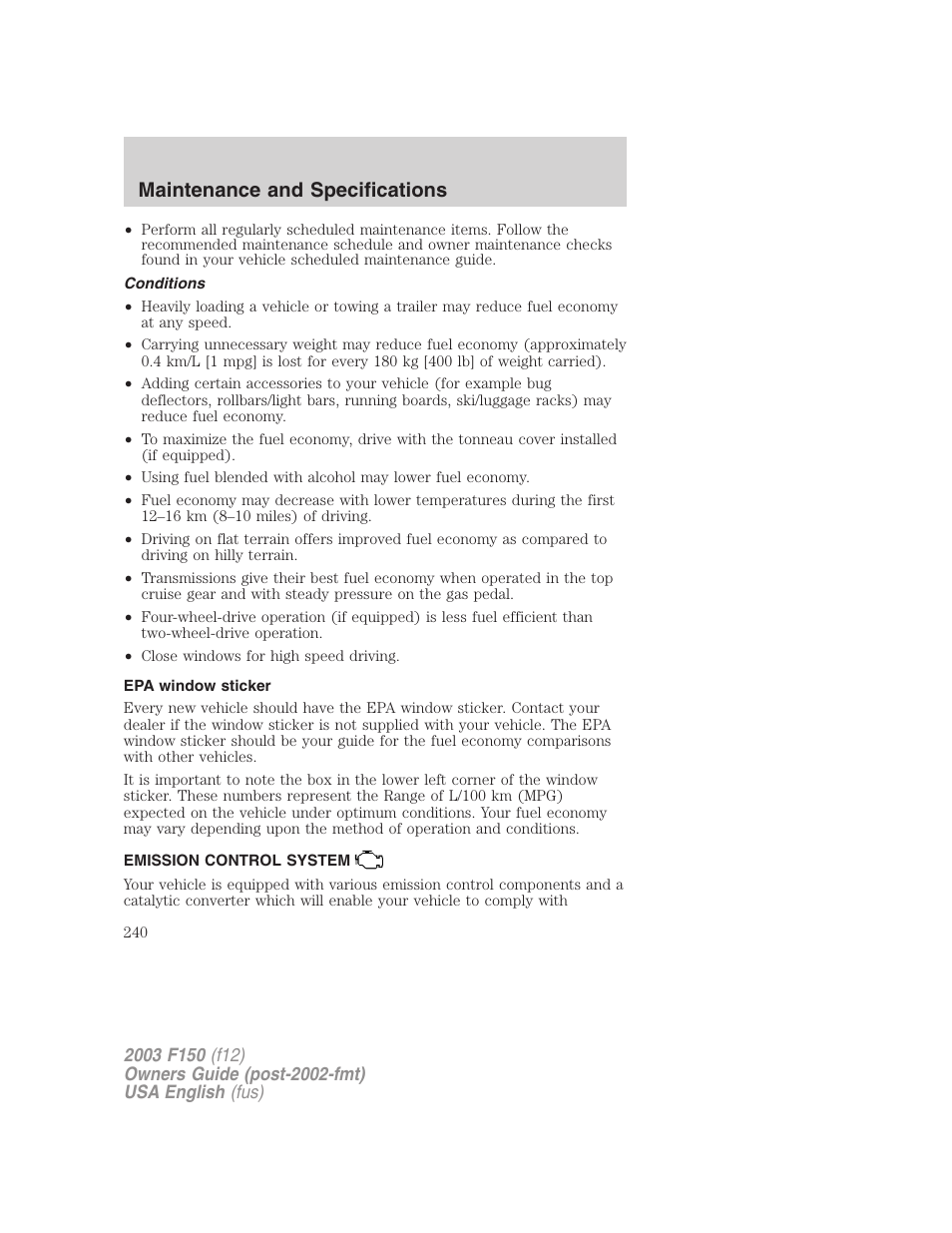 Maintenance and specifications | FORD 2003 F-150 v.5 User Manual | Page 240 / 280