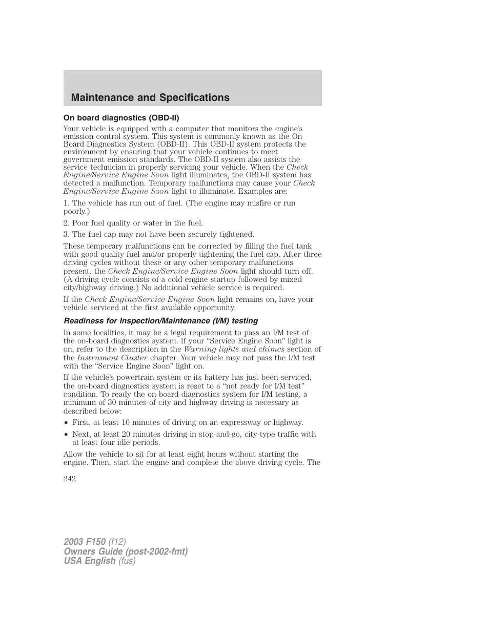 Maintenance and specifications | FORD 2003 F-150 v.5 User Manual | Page 242 / 280