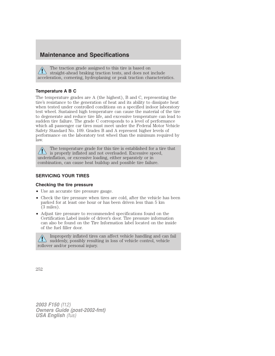 Maintenance and specifications | FORD 2003 F-150 v.5 User Manual | Page 252 / 280