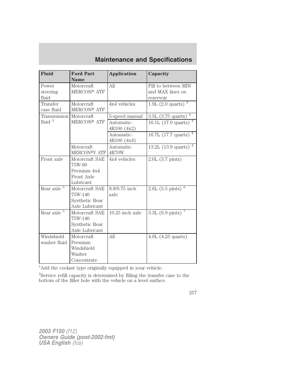 Maintenance and specifications | FORD 2003 F-150 v.5 User Manual | Page 257 / 280