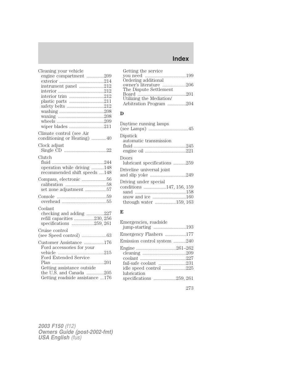 Index | FORD 2003 F-150 v.5 User Manual | Page 273 / 280