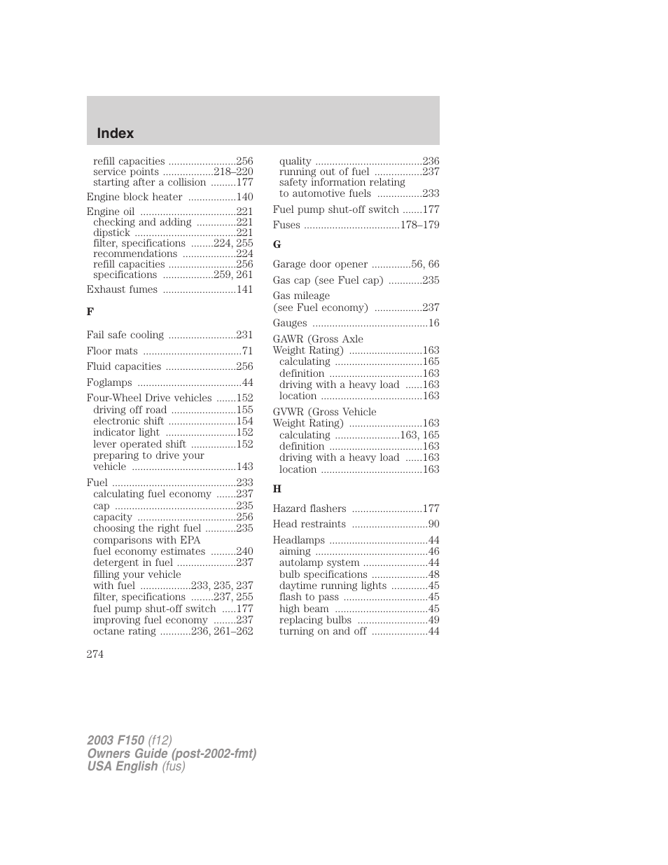 Index | FORD 2003 F-150 v.5 User Manual | Page 274 / 280