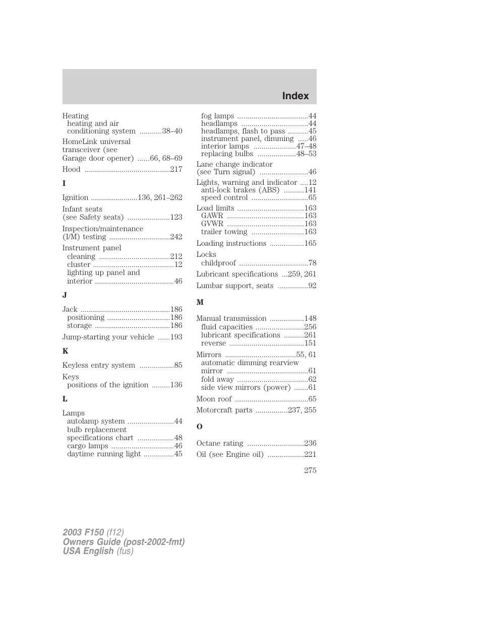 Index | FORD 2003 F-150 v.5 User Manual | Page 275 / 280