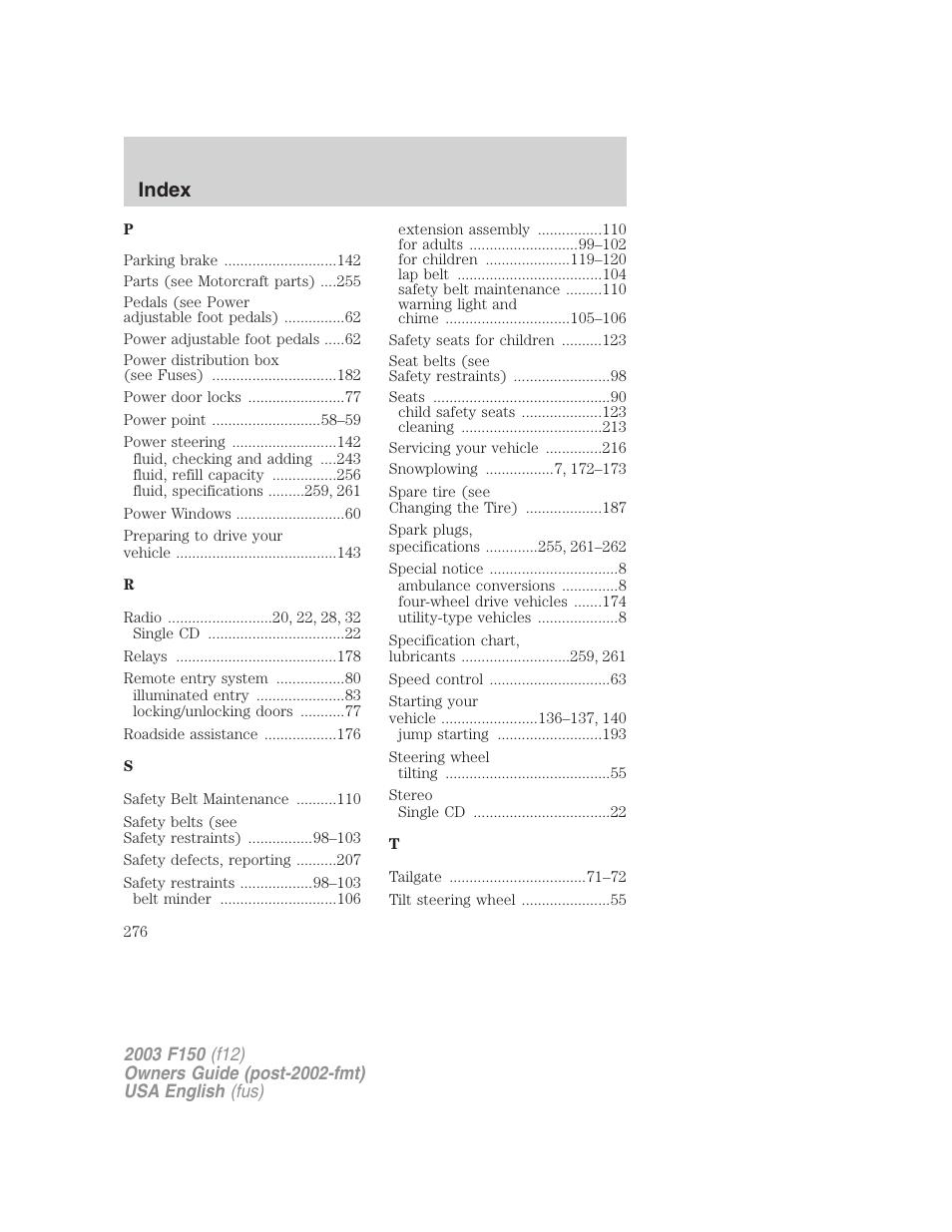 Index | FORD 2003 F-150 v.5 User Manual | Page 276 / 280