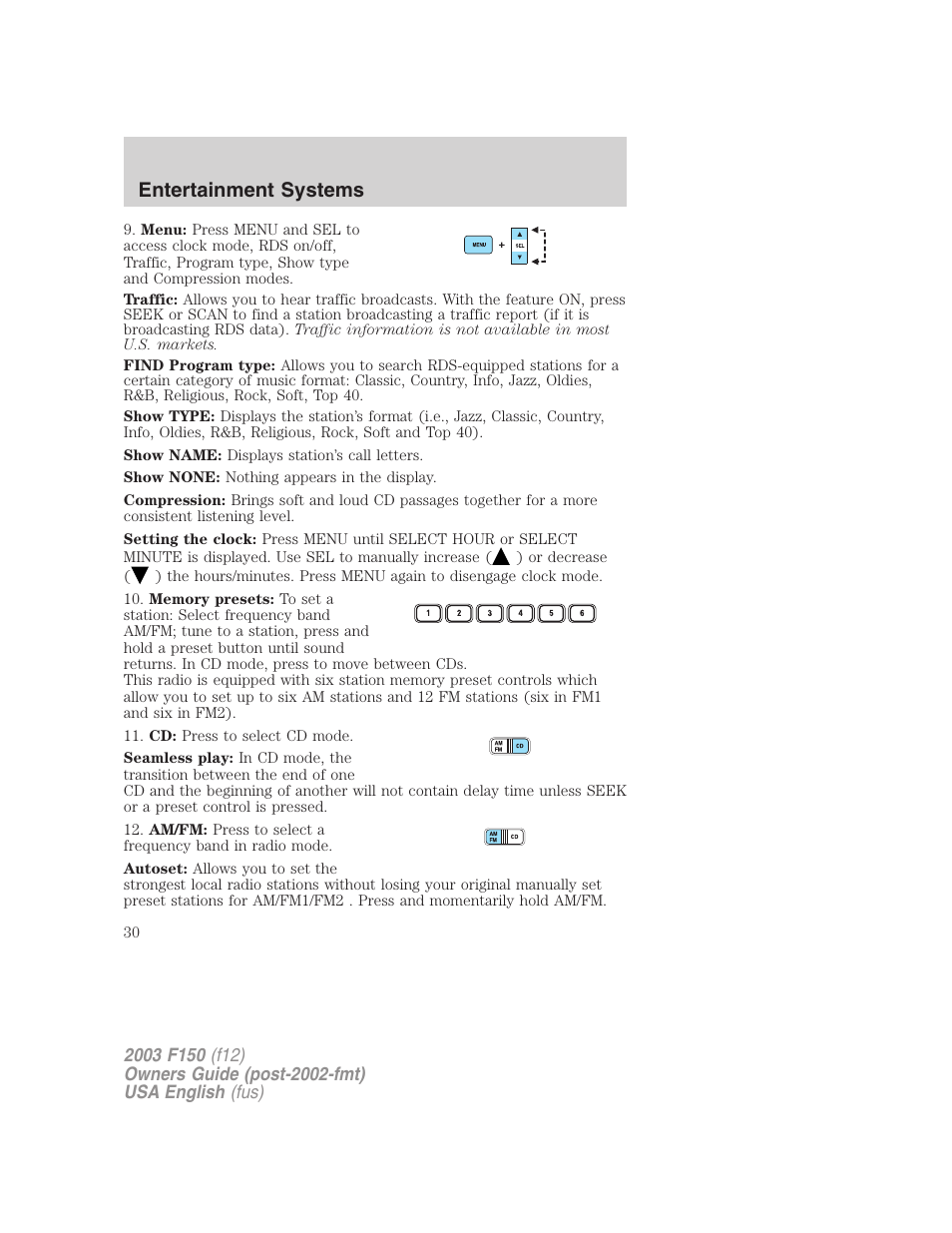 Entertainment systems | FORD 2003 F-150 v.5 User Manual | Page 30 / 280