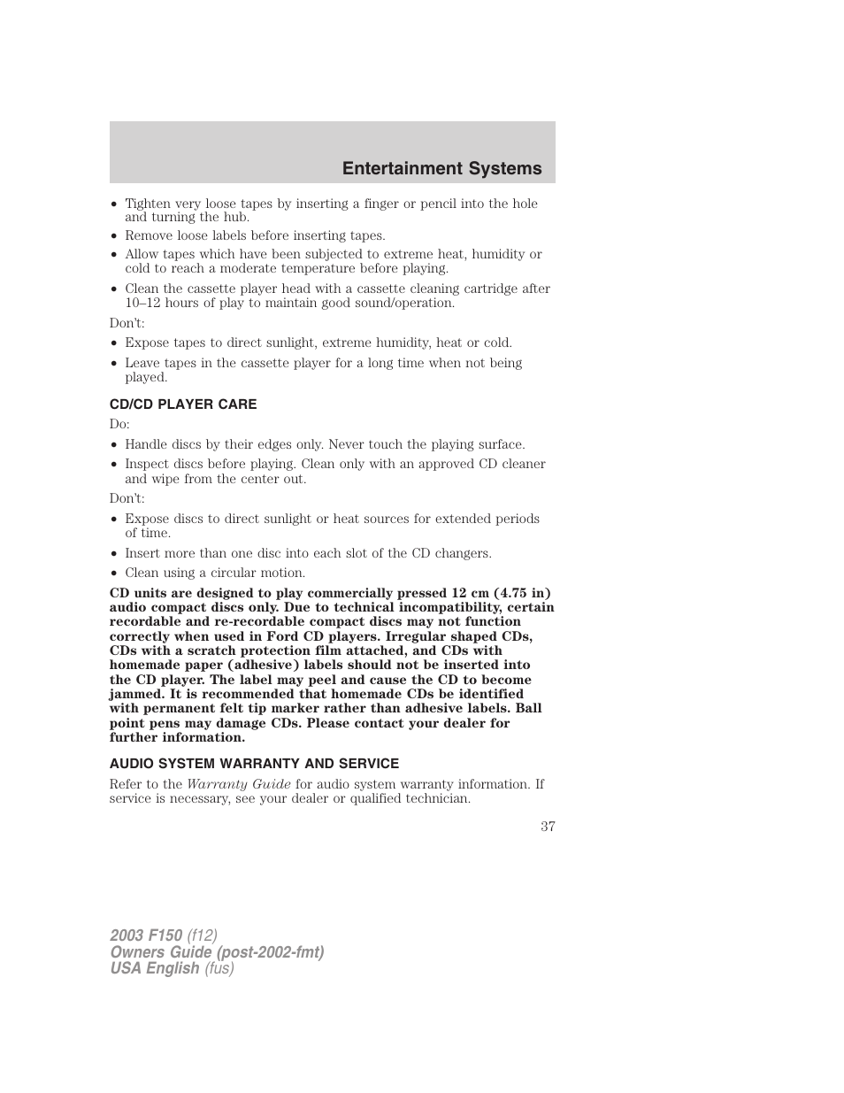 Entertainment systems | FORD 2003 F-150 v.5 User Manual | Page 37 / 280