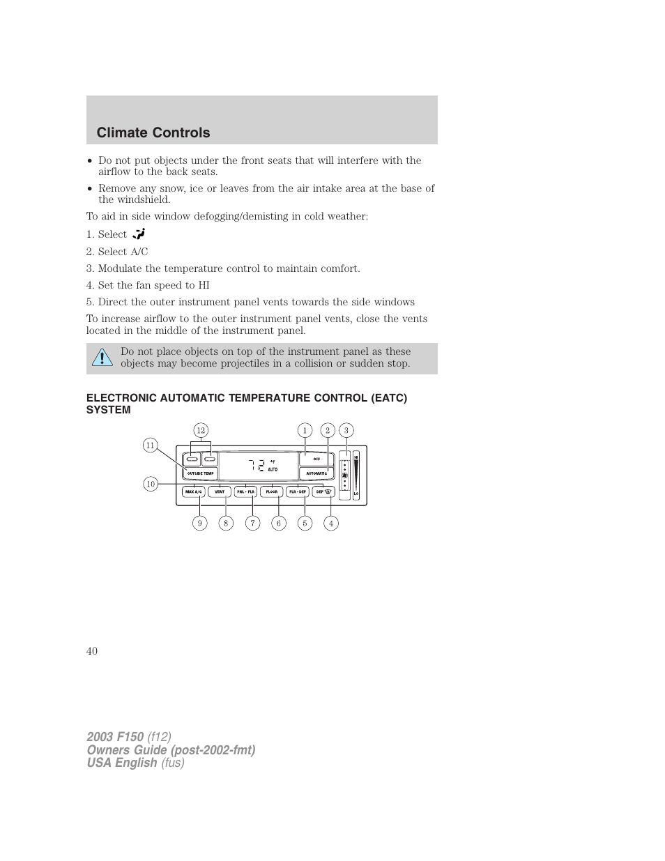 Climate controls | FORD 2003 F-150 v.5 User Manual | Page 40 / 280