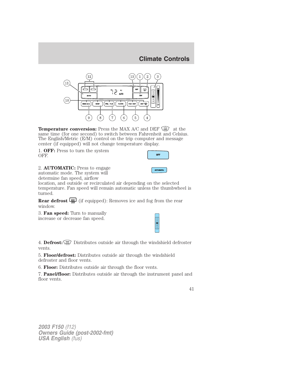 Climate controls | FORD 2003 F-150 v.5 User Manual | Page 41 / 280