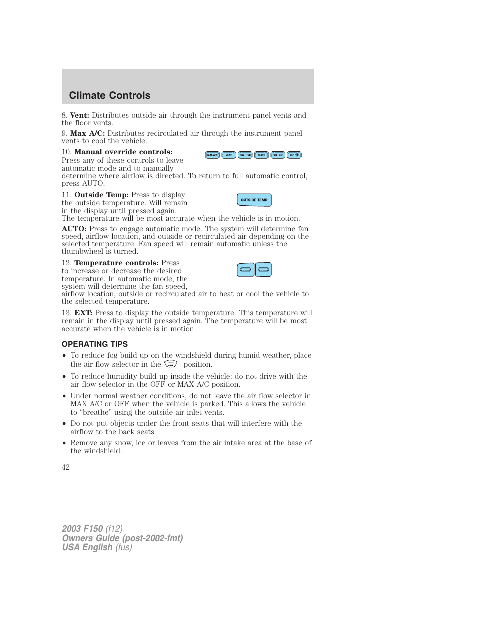 Climate controls | FORD 2003 F-150 v.5 User Manual | Page 42 / 280