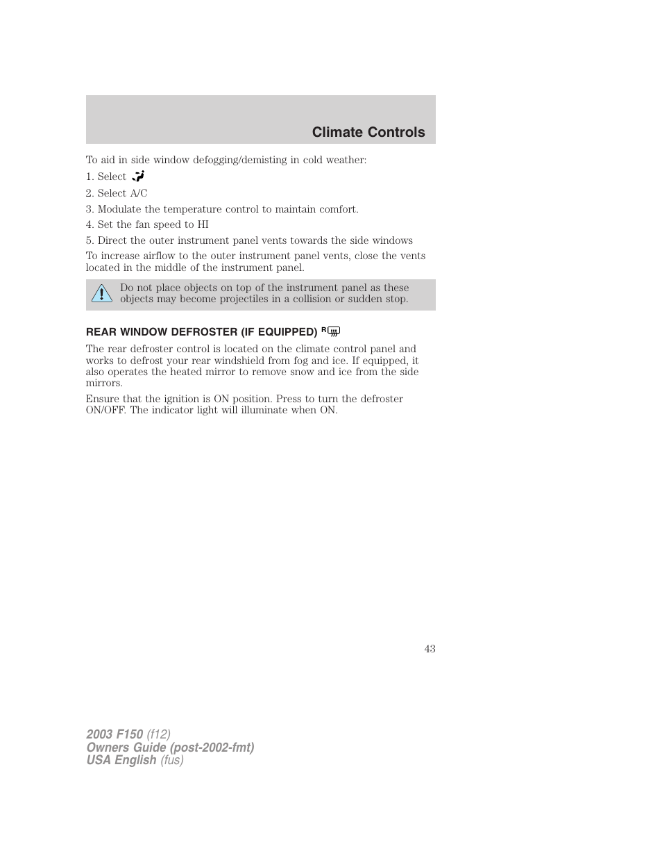 Climate controls | FORD 2003 F-150 v.5 User Manual | Page 43 / 280