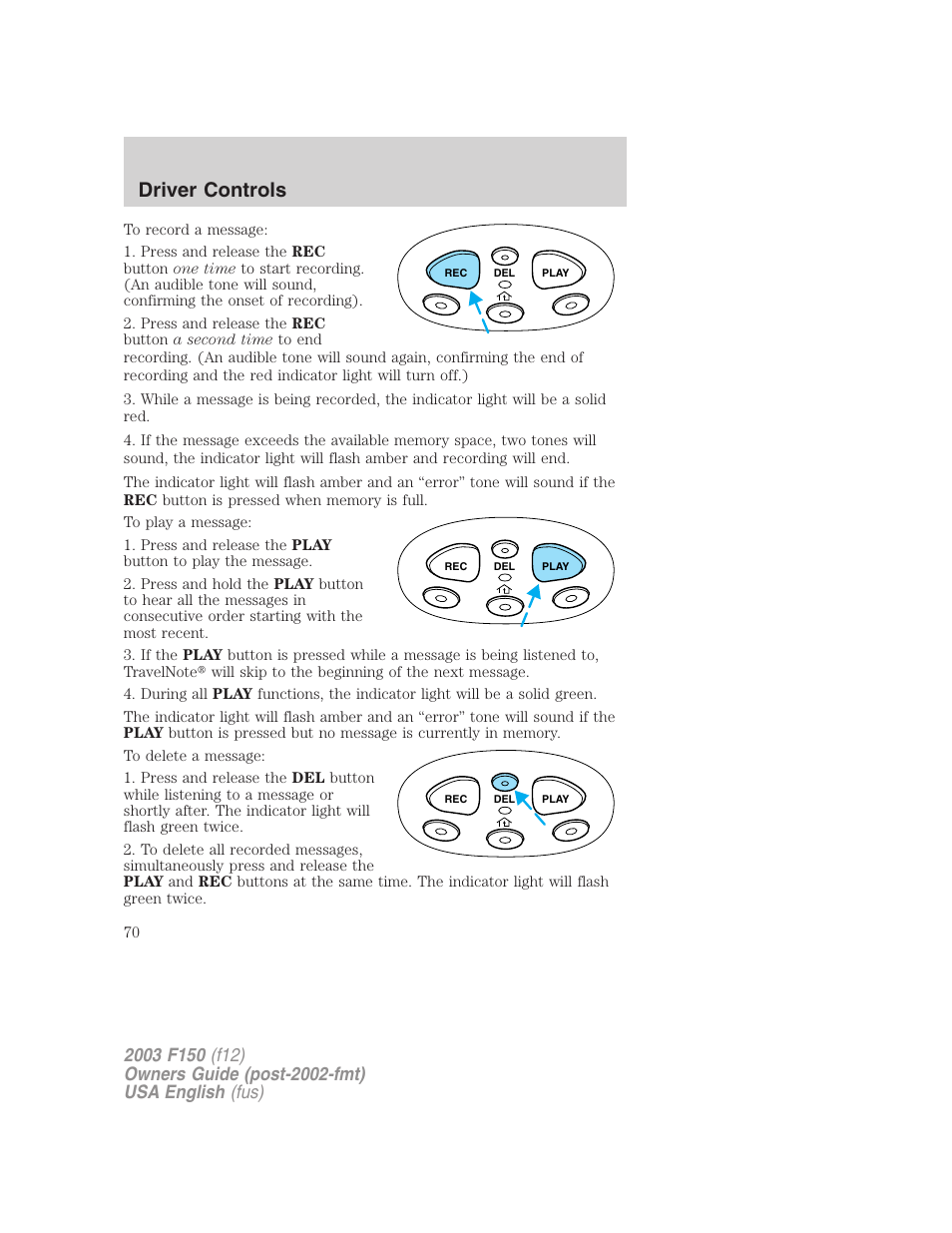 Driver controls | FORD 2003 F-150 v.5 User Manual | Page 70 / 280