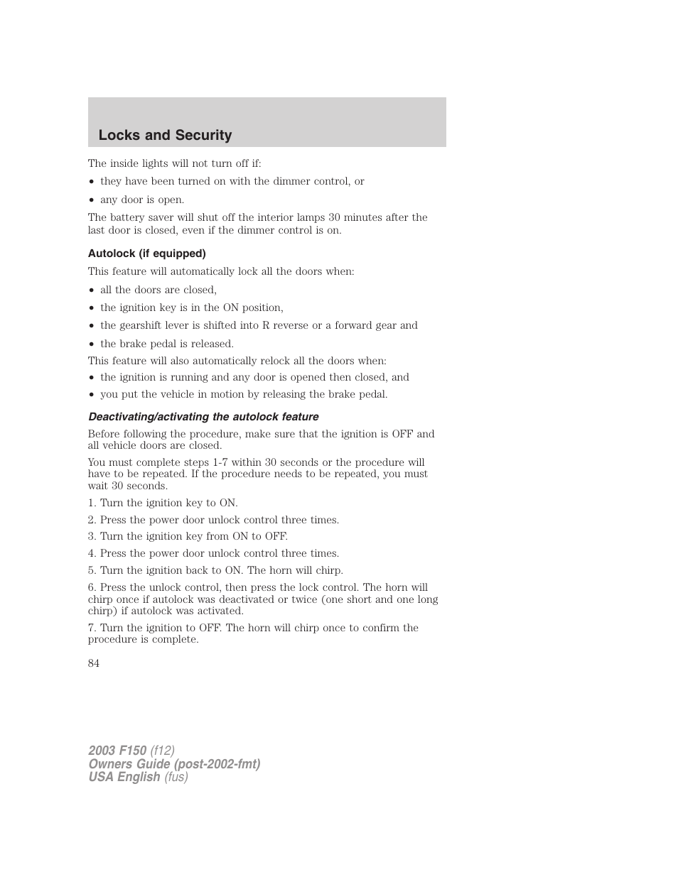 Locks and security | FORD 2003 F-150 v.5 User Manual | Page 84 / 280