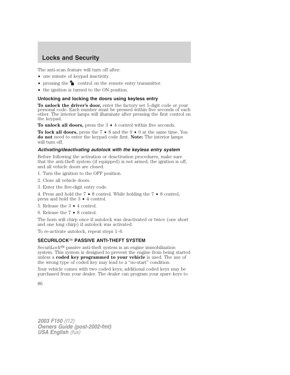 Locks and security | FORD 2003 F-150 v.5 User Manual | Page 86 / 280