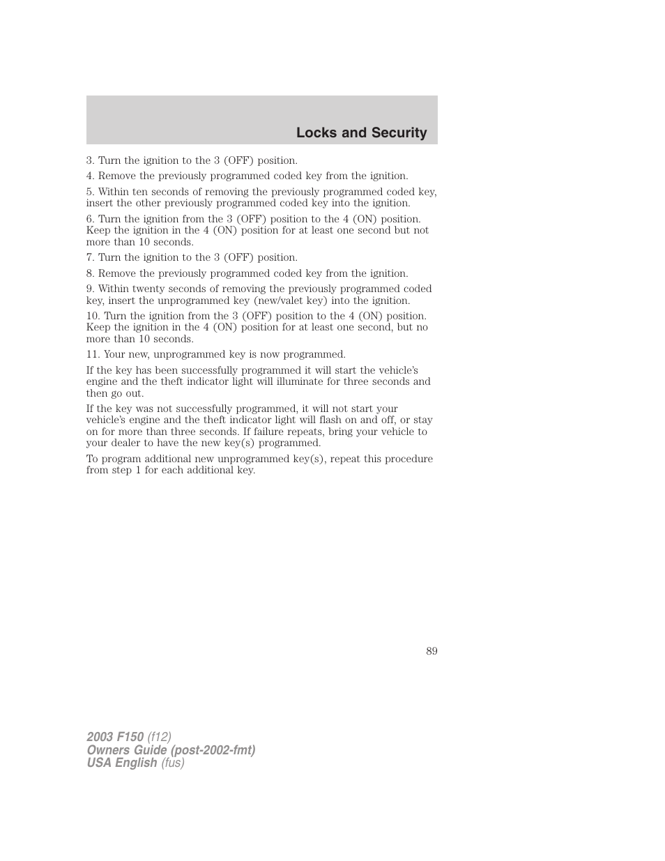 Locks and security | FORD 2003 F-150 v.5 User Manual | Page 89 / 280