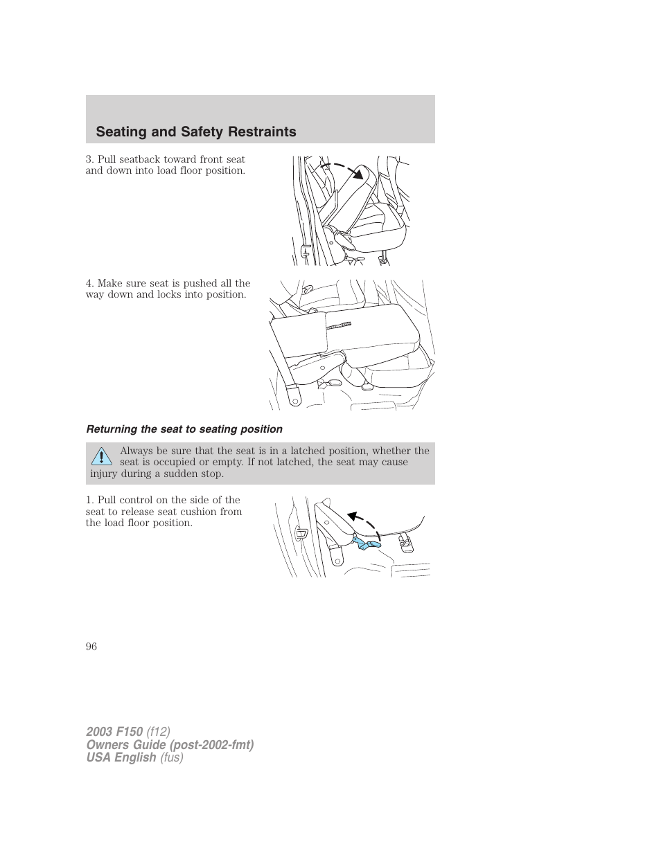 Seating and safety restraints | FORD 2003 F-150 v.5 User Manual | Page 96 / 280