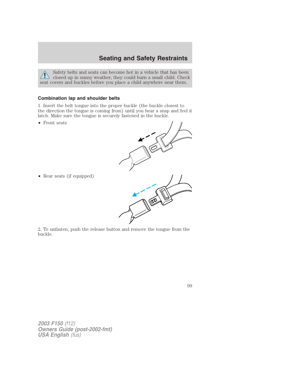 Seating and safety restraints | FORD 2003 F-150 v.5 User Manual | Page 99 / 280