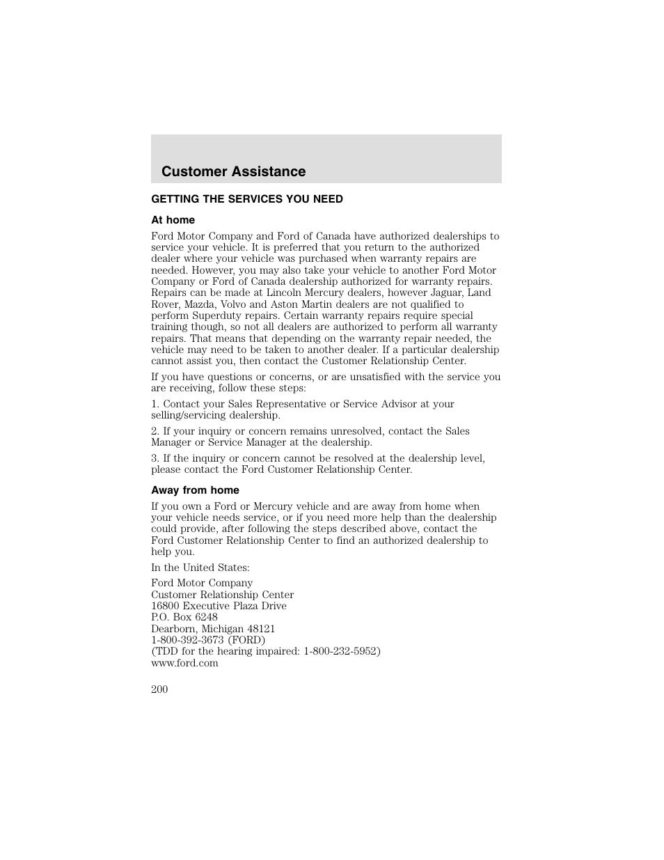 Customer assistance | FORD 2003 F-550 v.2 User Manual | Page 200 / 280