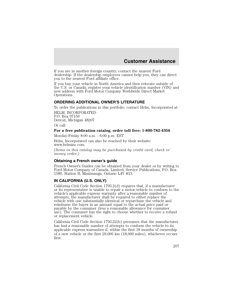 Customer assistance | FORD 2003 F-550 v.2 User Manual | Page 207 / 280