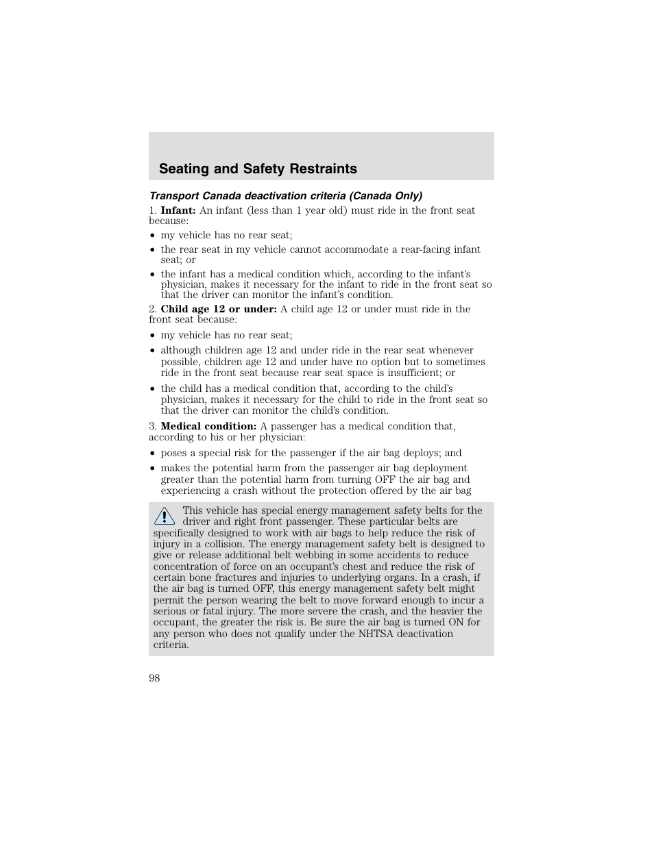 Seating and safety restraints | FORD 2003 F-550 v.2 User Manual | Page 98 / 280