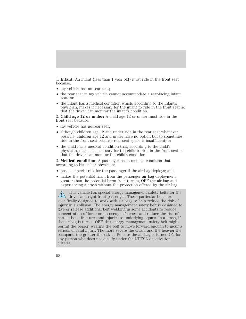 Seating and safety restraints | FORD 2003 F-550 v.3 User Manual | Page 98 / 280