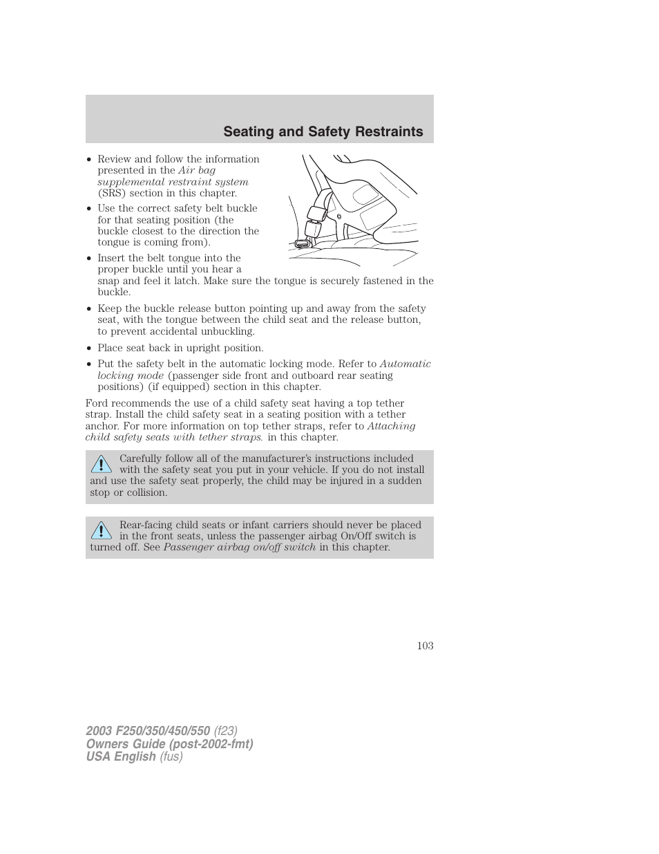 Seating and safety restraints | FORD 2003 F-550 v.4 User Manual | Page 103 / 280