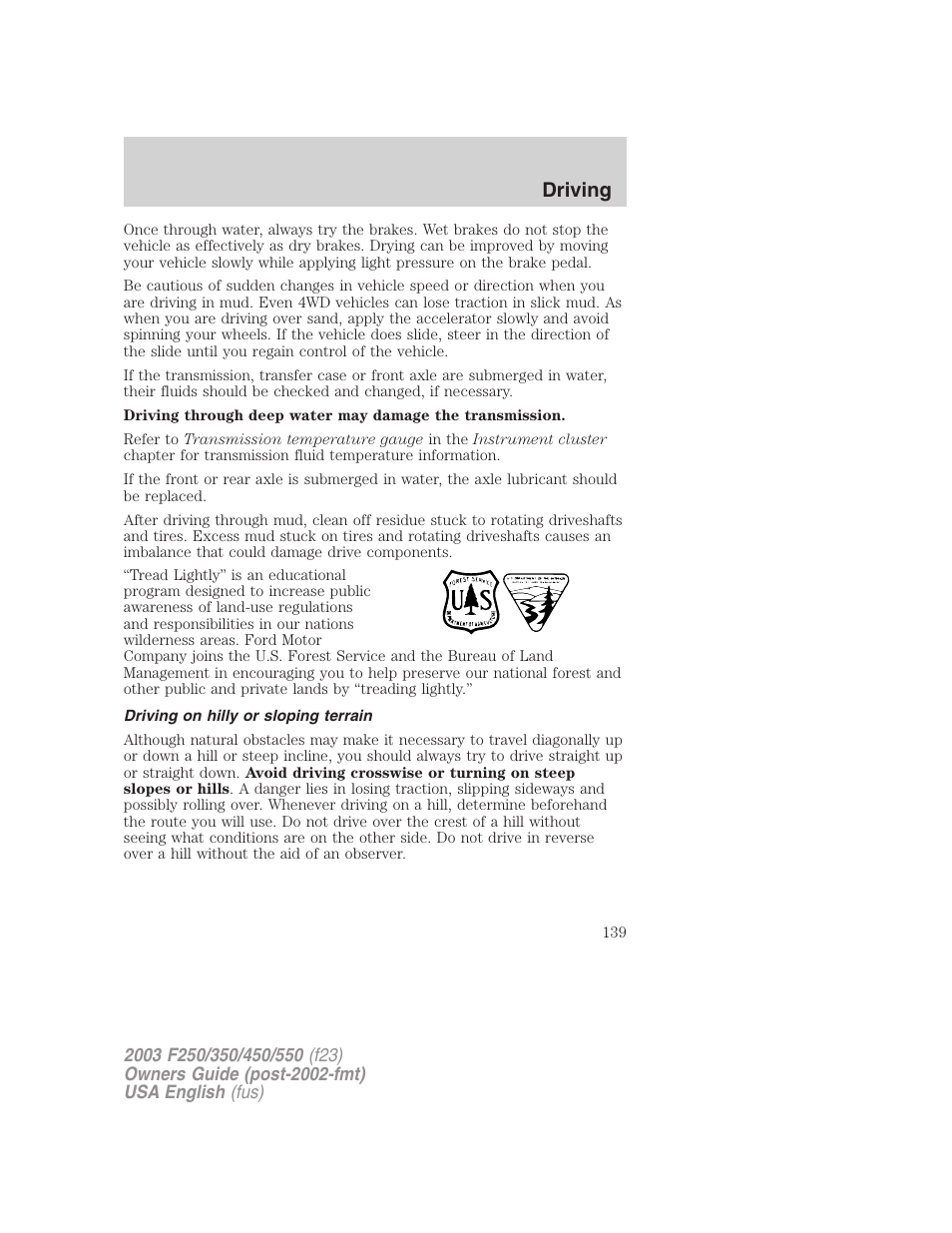 Driving | FORD 2003 F-550 v.4 User Manual | Page 139 / 280
