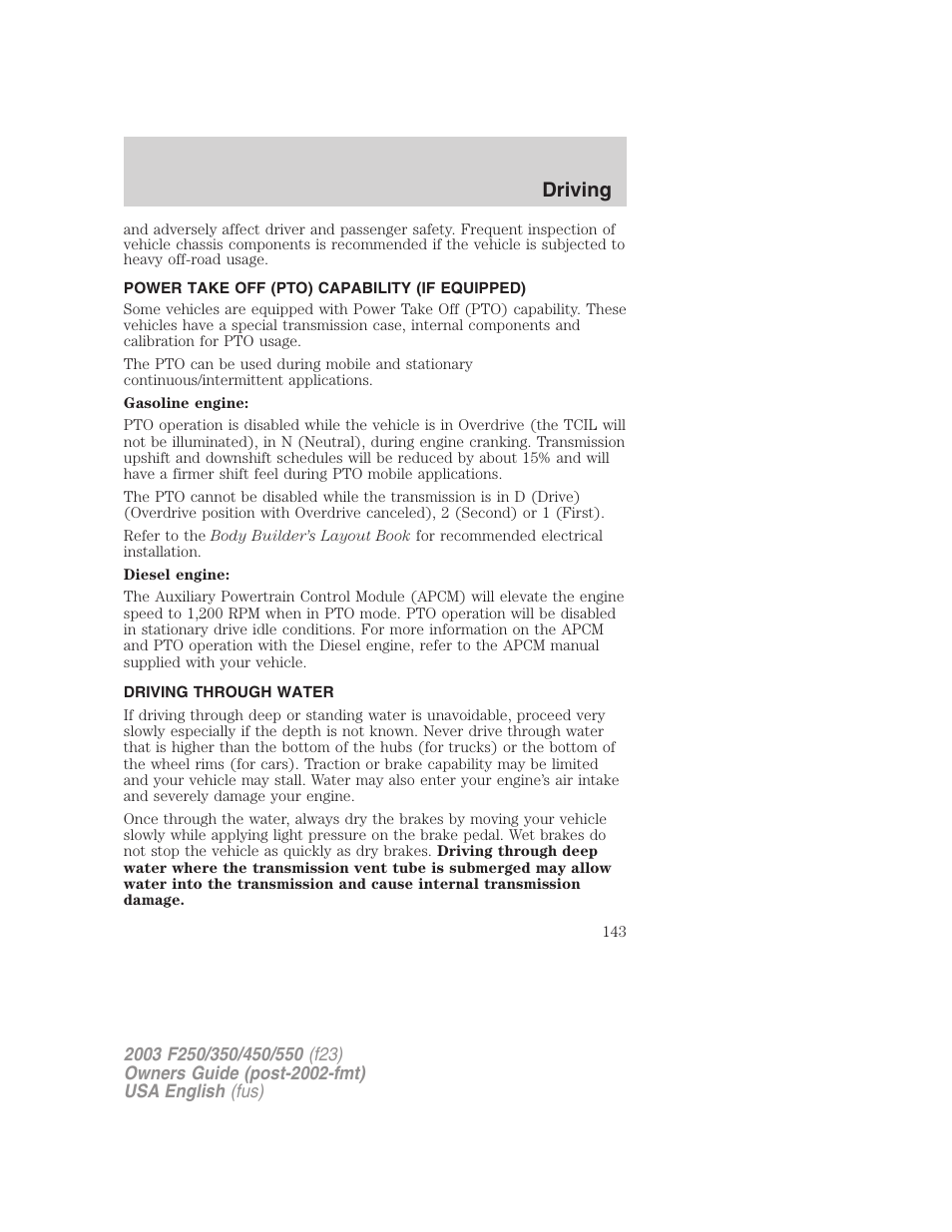 Driving | FORD 2003 F-550 v.4 User Manual | Page 143 / 280