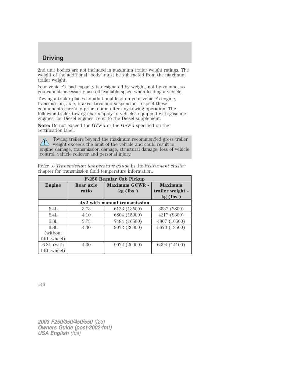 Driving | FORD 2003 F-550 v.4 User Manual | Page 146 / 280