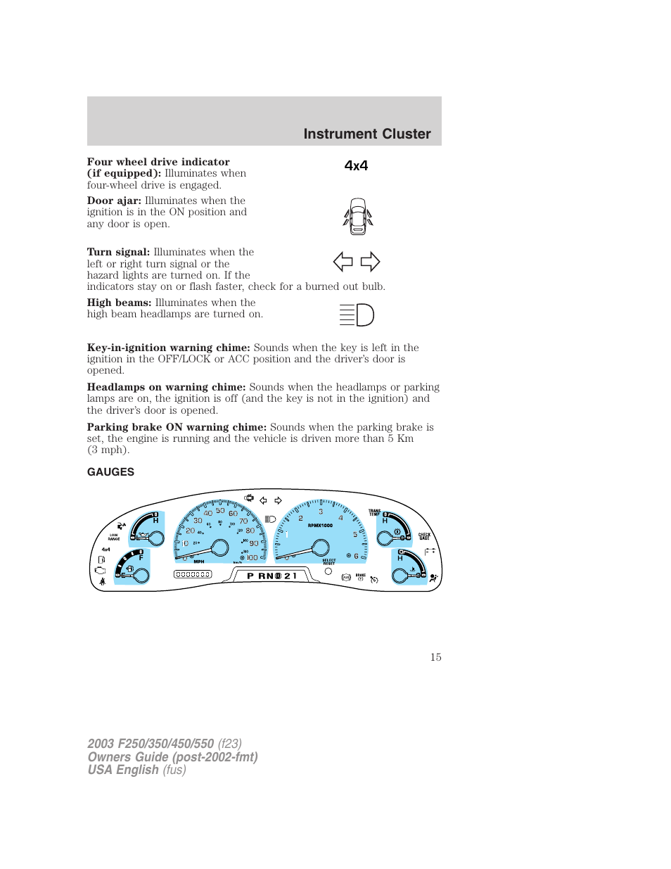 Instrument cluster | FORD 2003 F-550 v.4 User Manual | Page 15 / 280