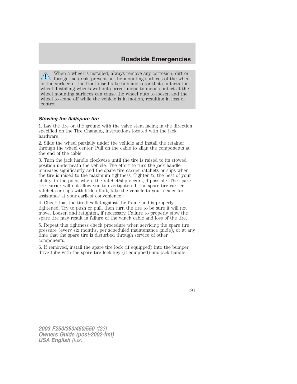 Roadside emergencies | FORD 2003 F-550 v.4 User Manual | Page 191 / 280