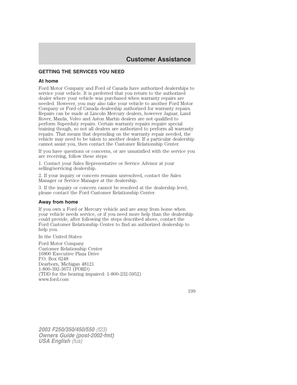 Customer assistance | FORD 2003 F-550 v.4 User Manual | Page 199 / 280